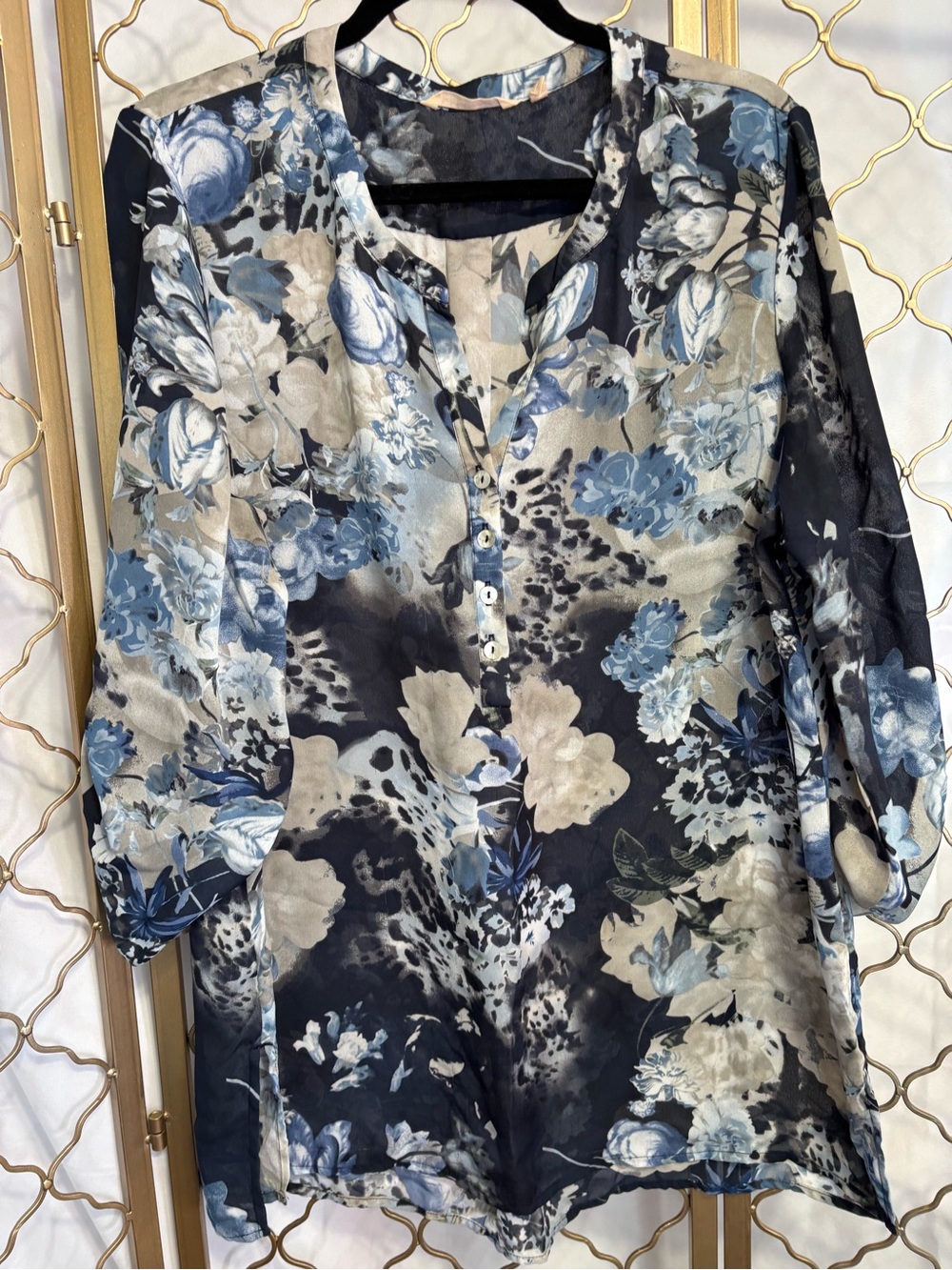 Soft Surroundings Blue Cream Floral Sheer Tunic Top Excellent Condition Sz XL